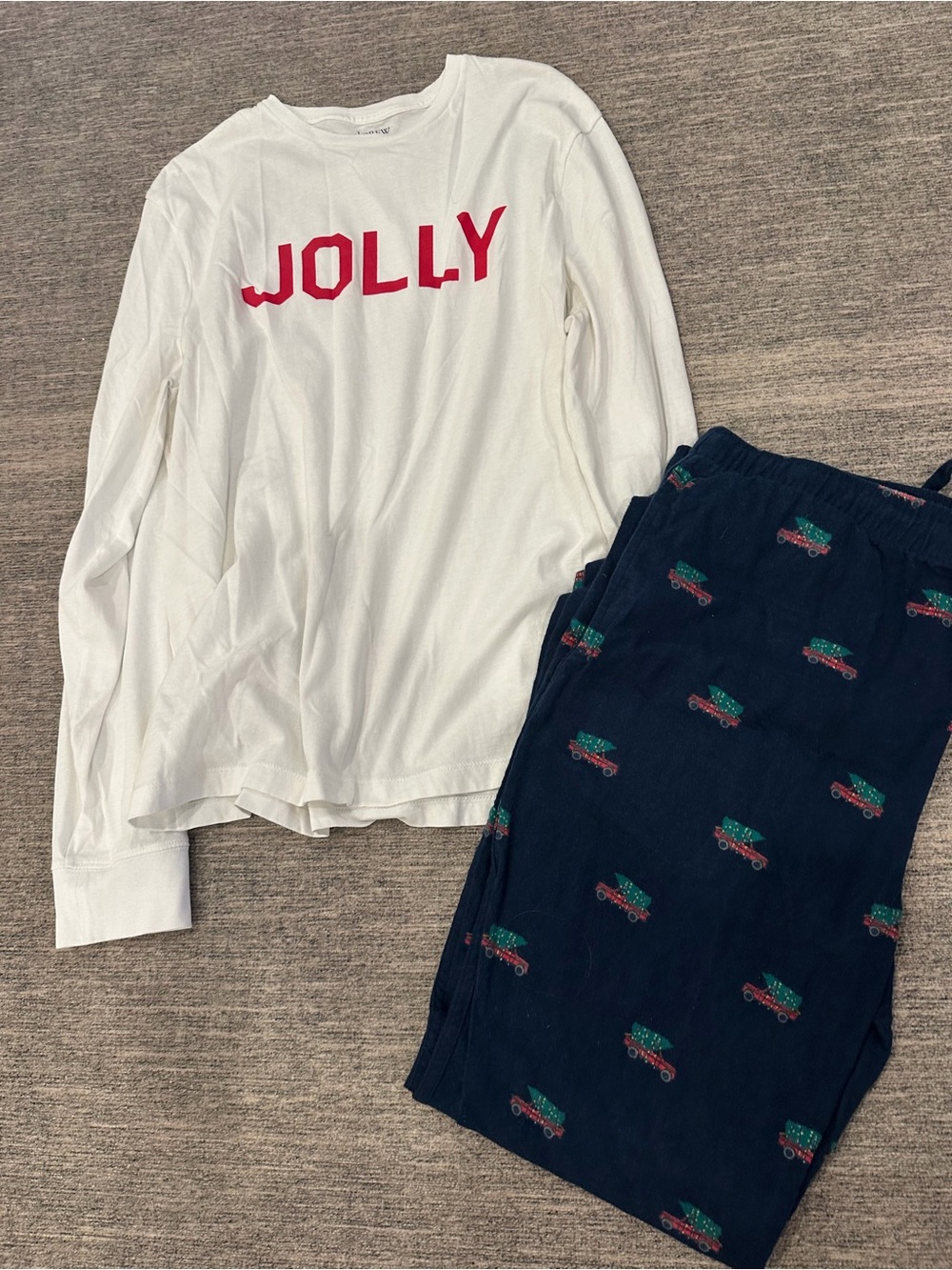 J. Crew Kids White Long-Sleeve 'JOLLY' Top with Navy Tree-Print Pajama Pants